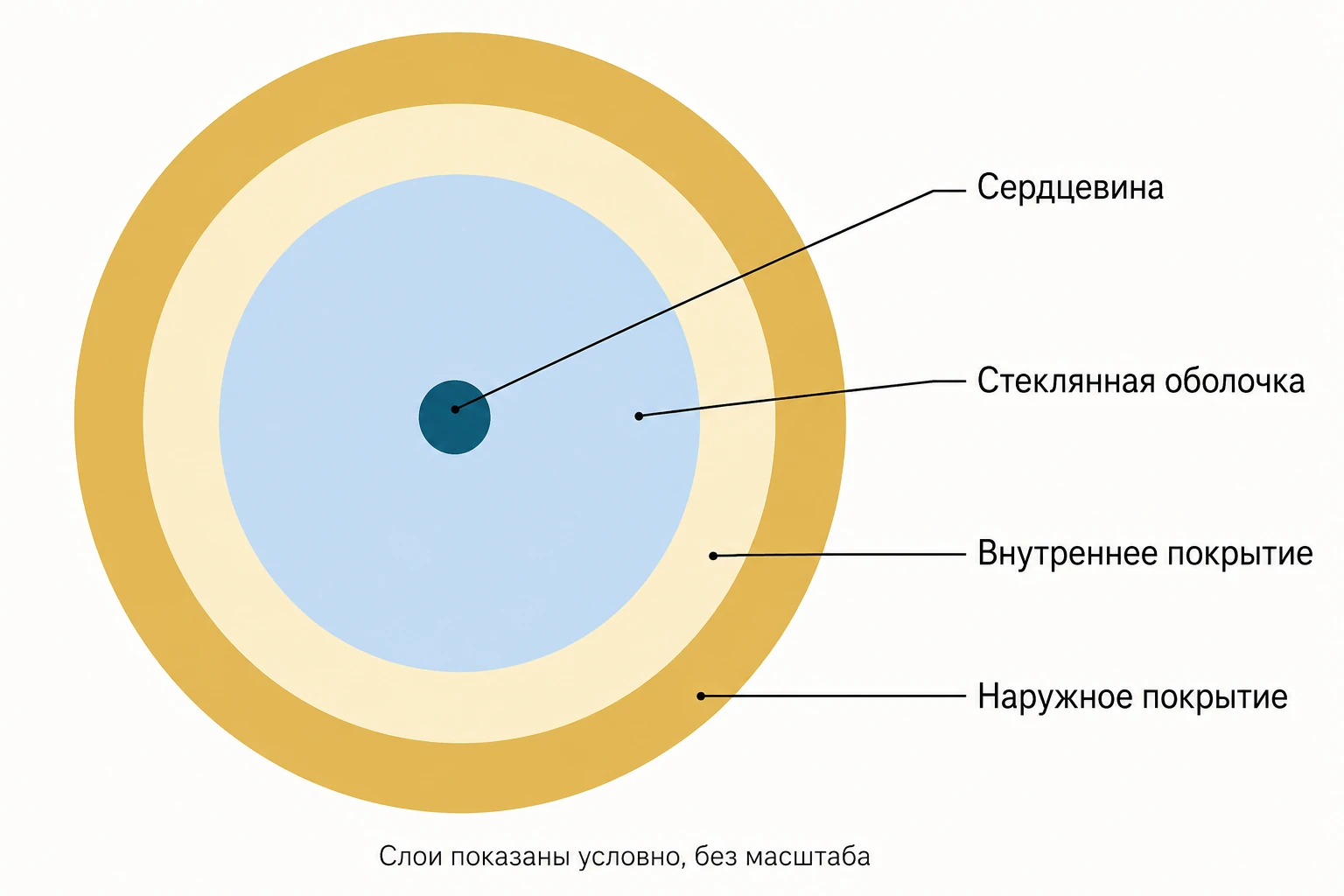 Поперечное сечение волокна: сердцевина, стеклянная оболочка и два слоя покрытия
